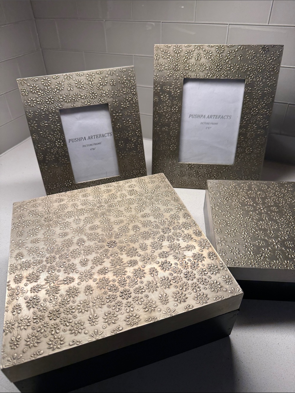 Silver Floral Embossed Picture Frame and Box Set